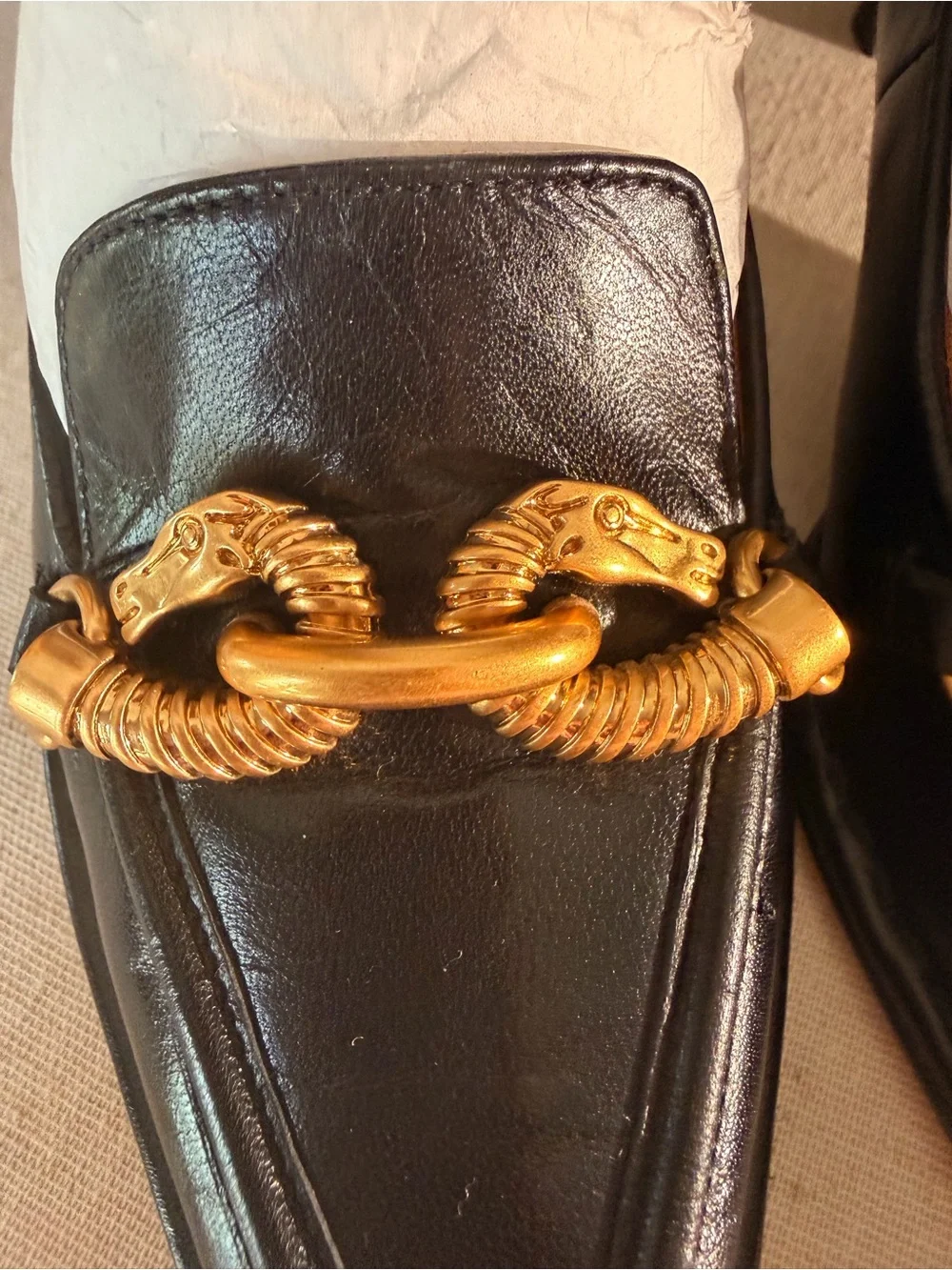 Tory Burch Black Leather Pointed Loafers with Gold Chain Accent